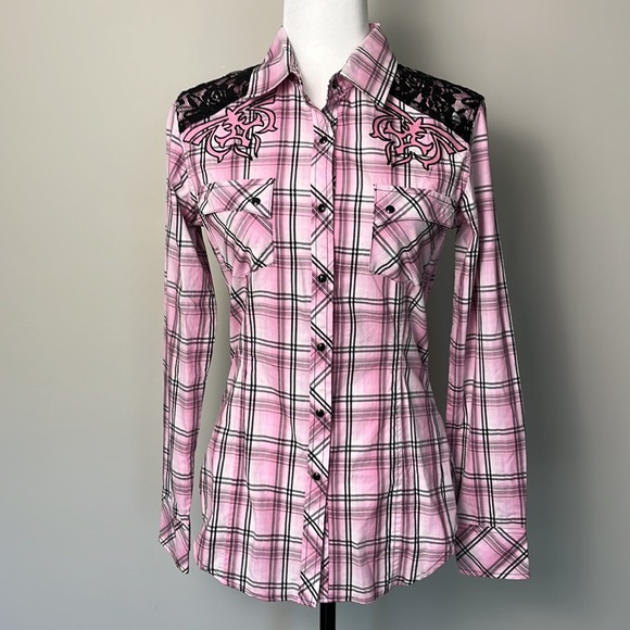 Rock & Roll Cowgirl Plaid Lace Western Long Sleeve Snap Shirt - Picture 2 of 13